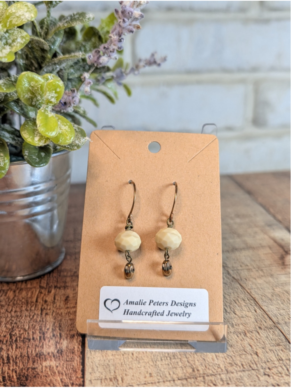 NEW Artisan Dangle Drop Hand Hammered Earrings Glass Bead Antique Brass Jewelry